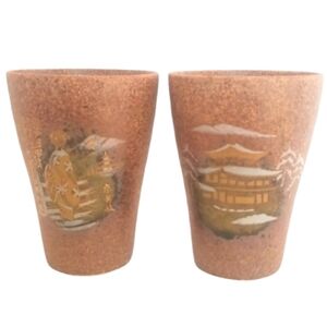 Unique Pair of Stoneware Cups Handcrafted Oriental-Inspired Gold & Green